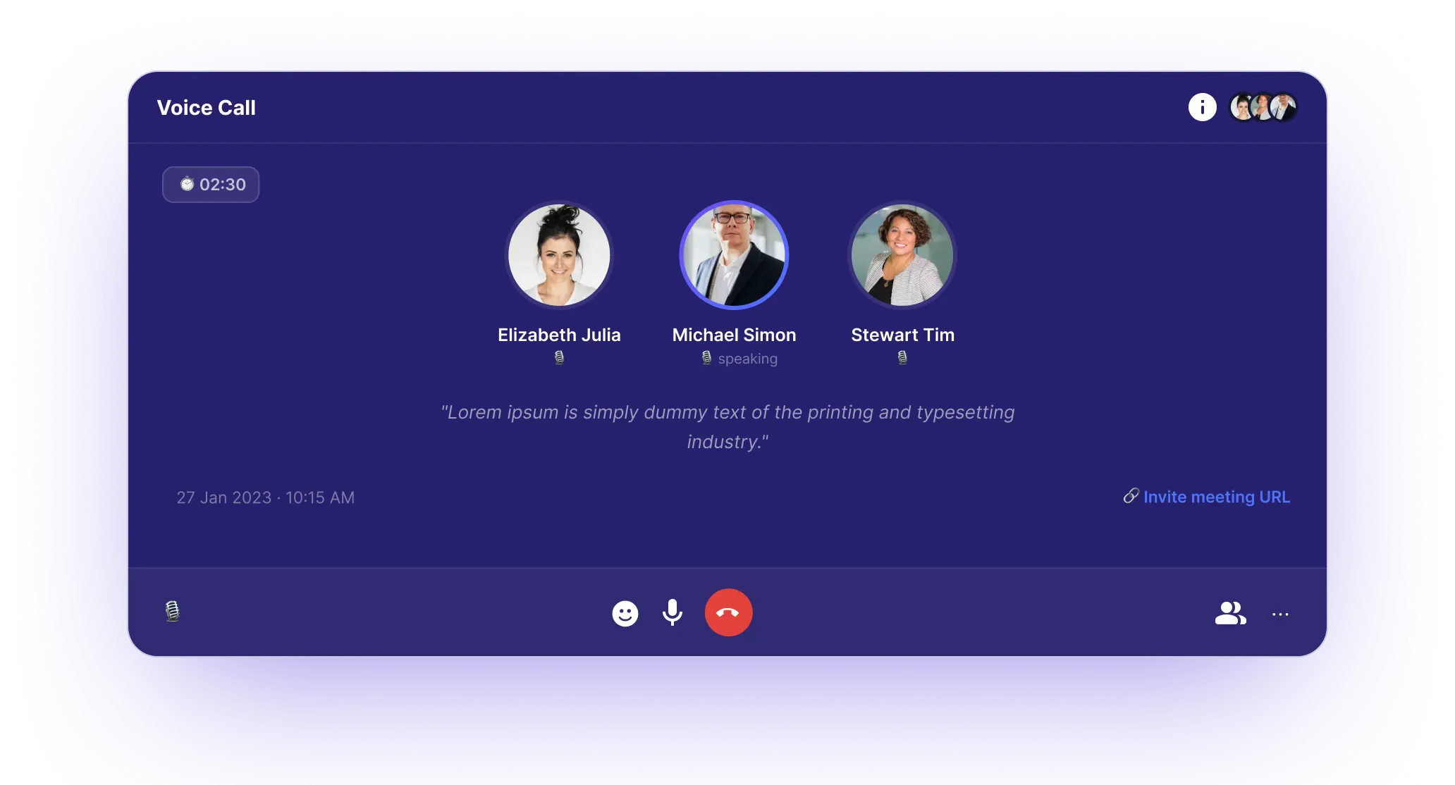 Voice call interface showing participants, transcript, and call controls