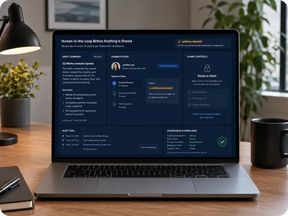 Laptop displaying the Zoiko Sema human-in-the-loop review screen with editable recap, human review approval, and share controls