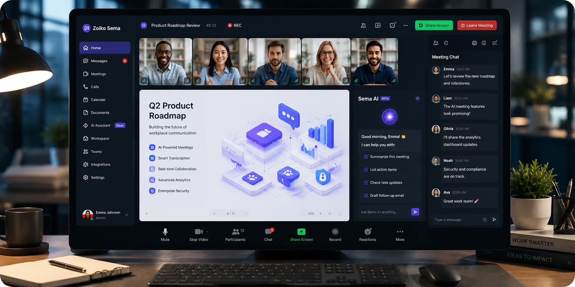 Zoiko Sema video meeting with Q2 product roadmap and AI meeting assistant