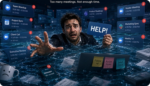 Person overwhelmed by too many meeting notifications