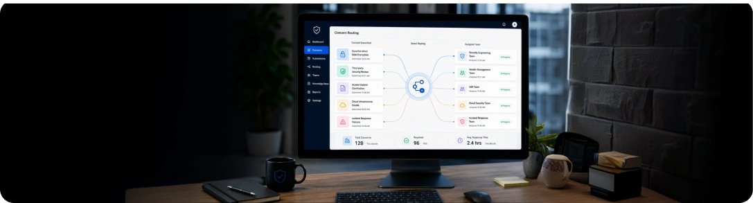 Home office desk with security dashboard on monitor