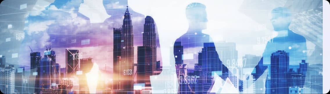 Double exposure of a city skyline and business professionals, representing individuals, teams, and businesses on Zoiko Sema