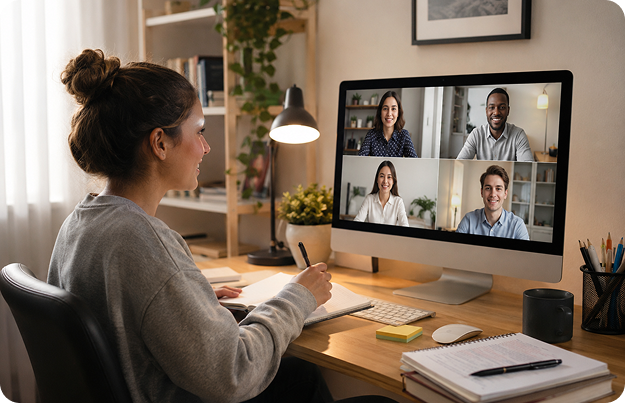 Team member reviewing an AI-supported video meeting