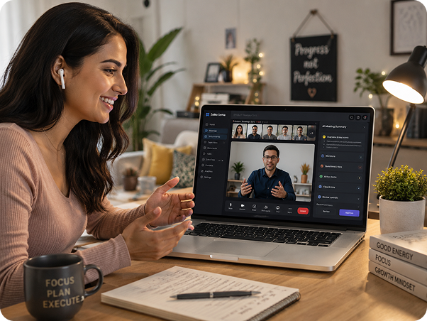 Team member on a video call with organized context
